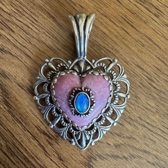 CAROLYN POLLACK Sterling Silver Rhodonite & Opal TE AMO Heart Pendant Vintage - Picture 5 of 9